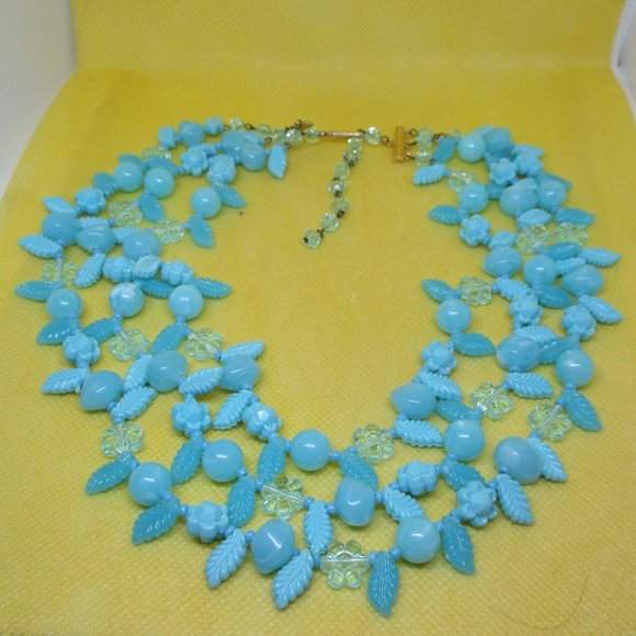 SIGNED W GERMANY NECKLACE Triple Strand Blue Flower Necklace Fruit Salad Beaded - Picture 10 of 12